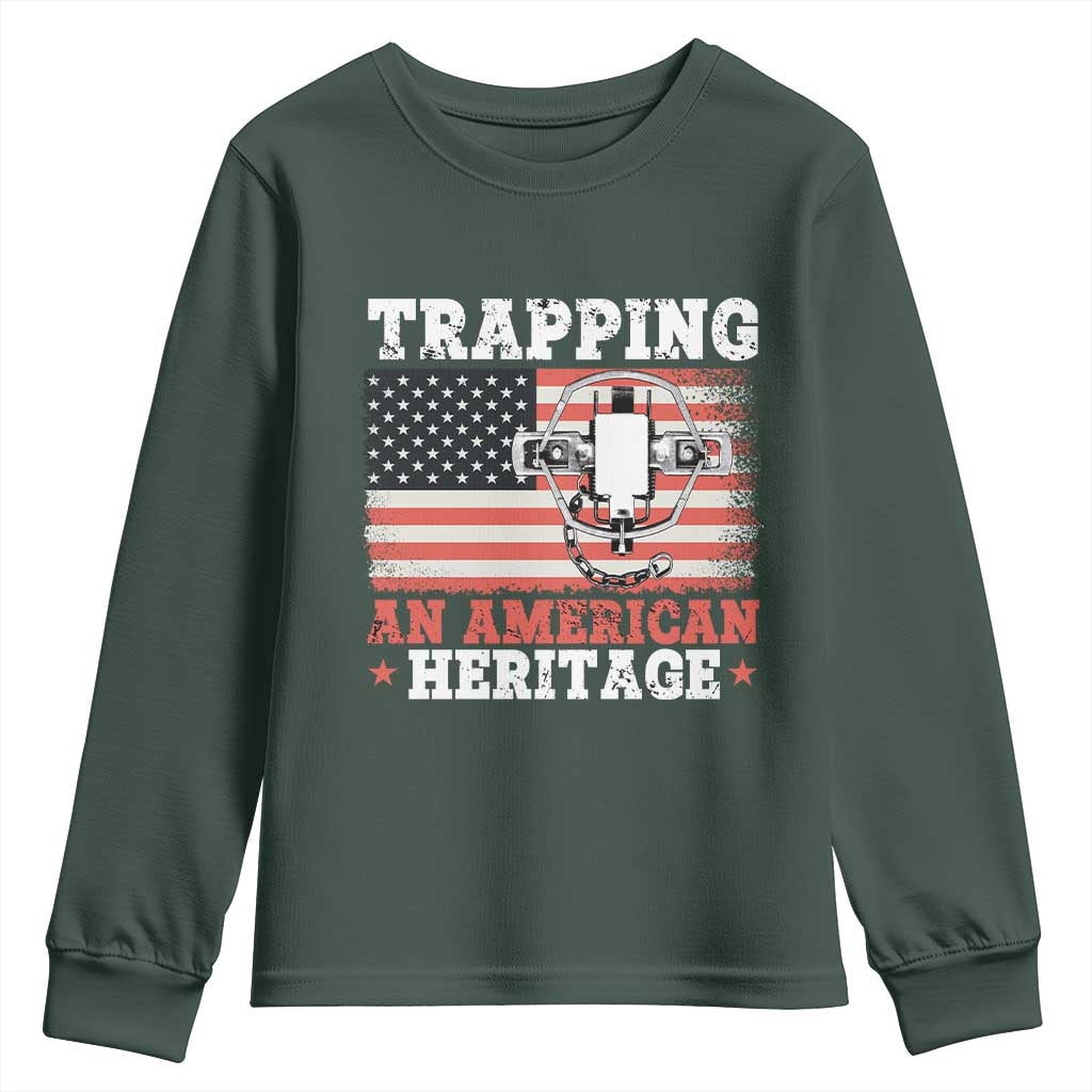 Trapping American Heritage Youth Sweatshirt Patriotic Trap Hunting Trapper TS02 Dark Forest Green Print Your Wear