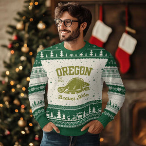 Beaver State Oregon Ugly Christmas Sweater Est 1859 Vintage Flag TS02 Beige Green Print Your Wear