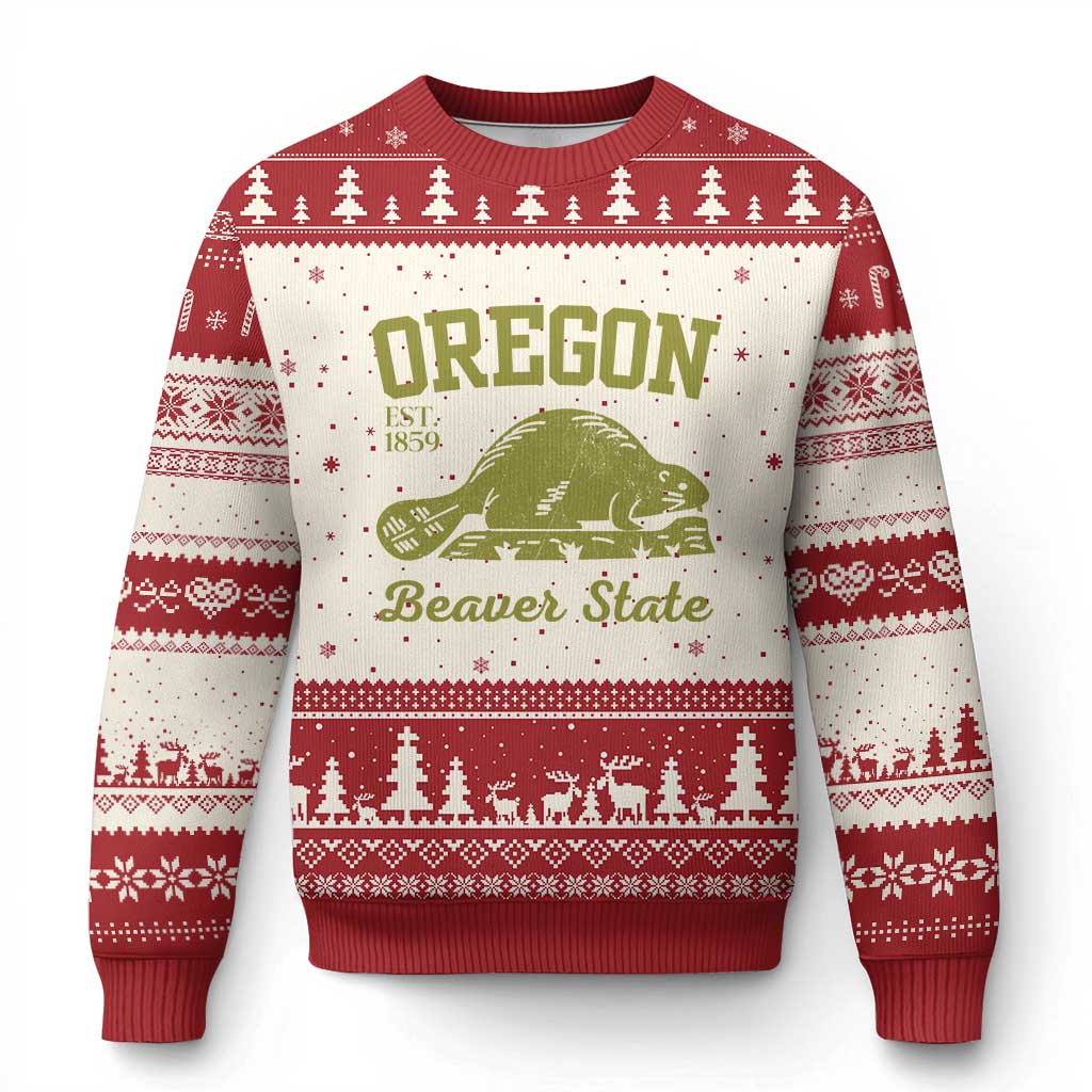 Beaver State Oregon Ugly Christmas Sweater Est 1859 Vintage Flag TS02 Beige Red Print Your Wear
