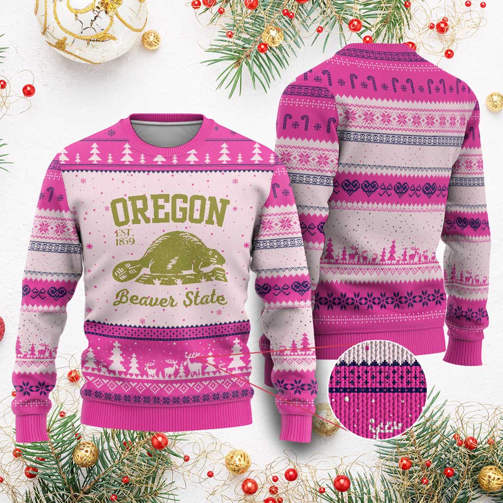 Beaver State Oregon Ugly Christmas Sweater Est 1859 Vintage Flag TS02 Hot Pink Print Your Wear