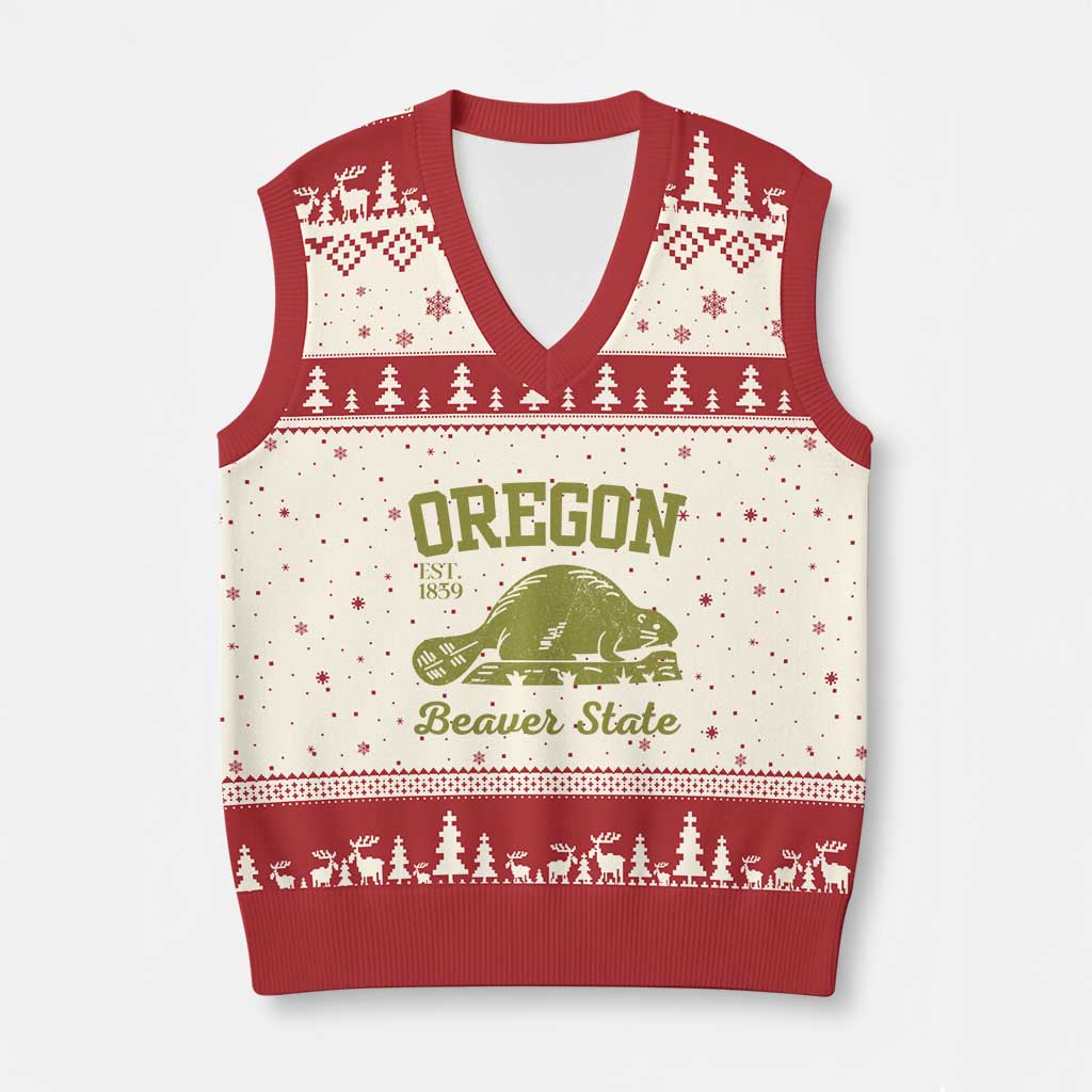 Beaver State Oregon V-Neck Knit Sweater Vest Est 1859 Vintage Flag TS02 Beige Red Print Your Wear