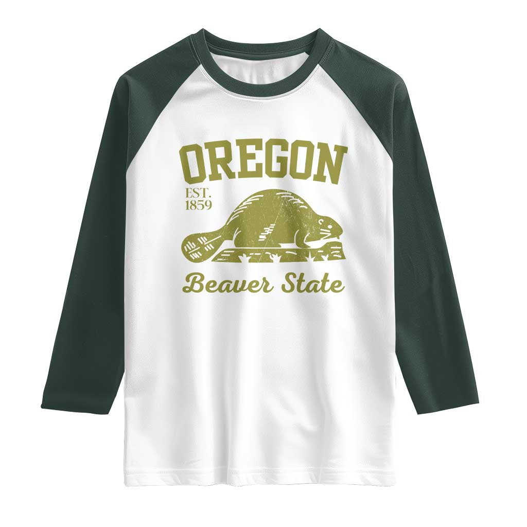 Beaver State Oregon Raglan Shirt Est 1859 Vintage Flag TS02 White Dark Forest Green Print Your Wear