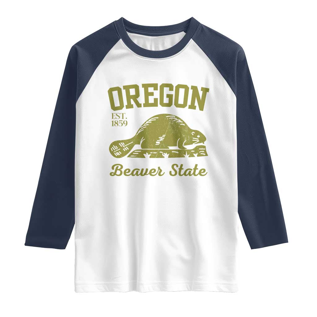 Beaver State Oregon Raglan Shirt Est 1859 Vintage Flag TS02 White Navy Print Your Wear