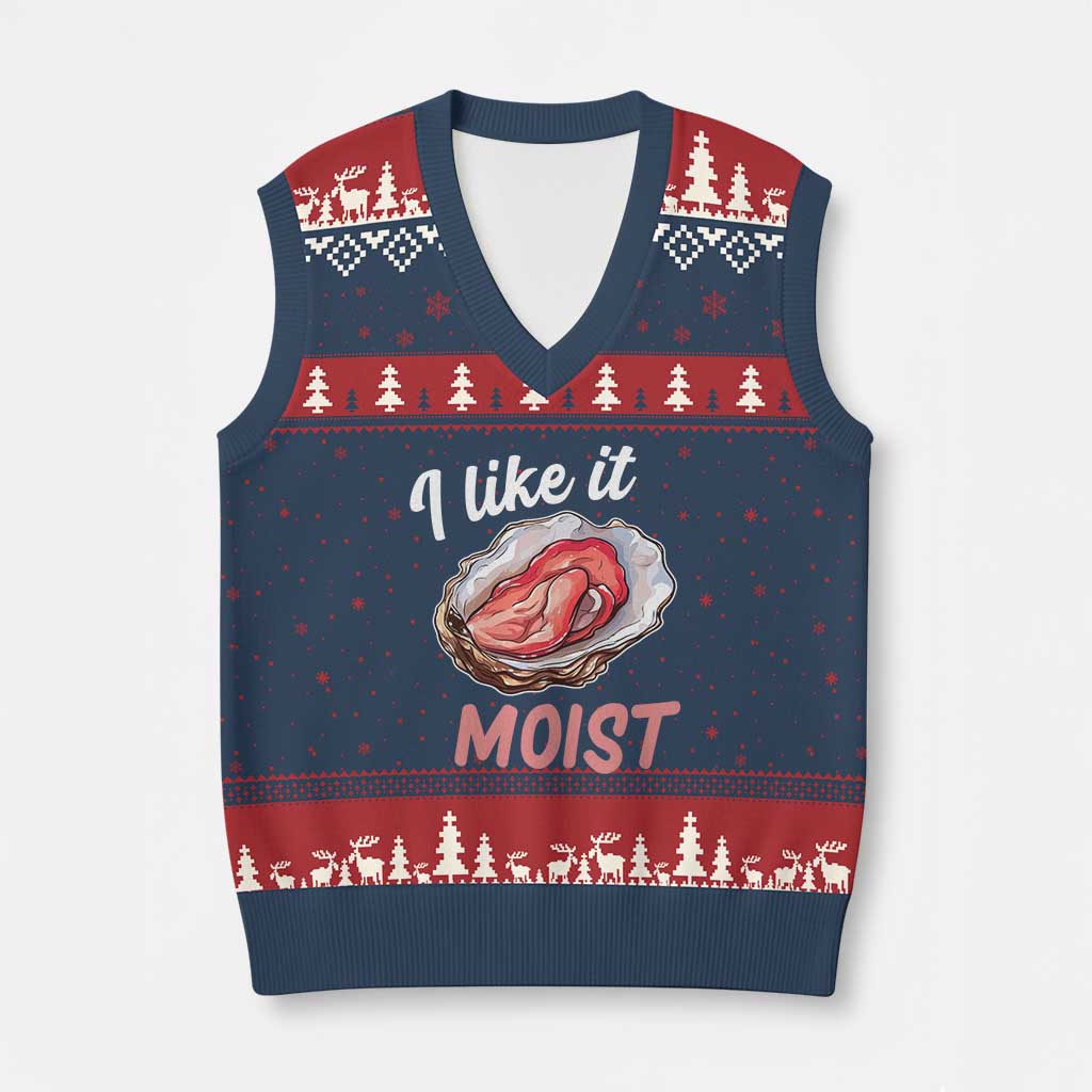 I Like It Moist Oyster Funny Offensive V-Neck Knit Sweater Vest Inappropriate Adult Humor TS02 Navy Red Print Your Wear