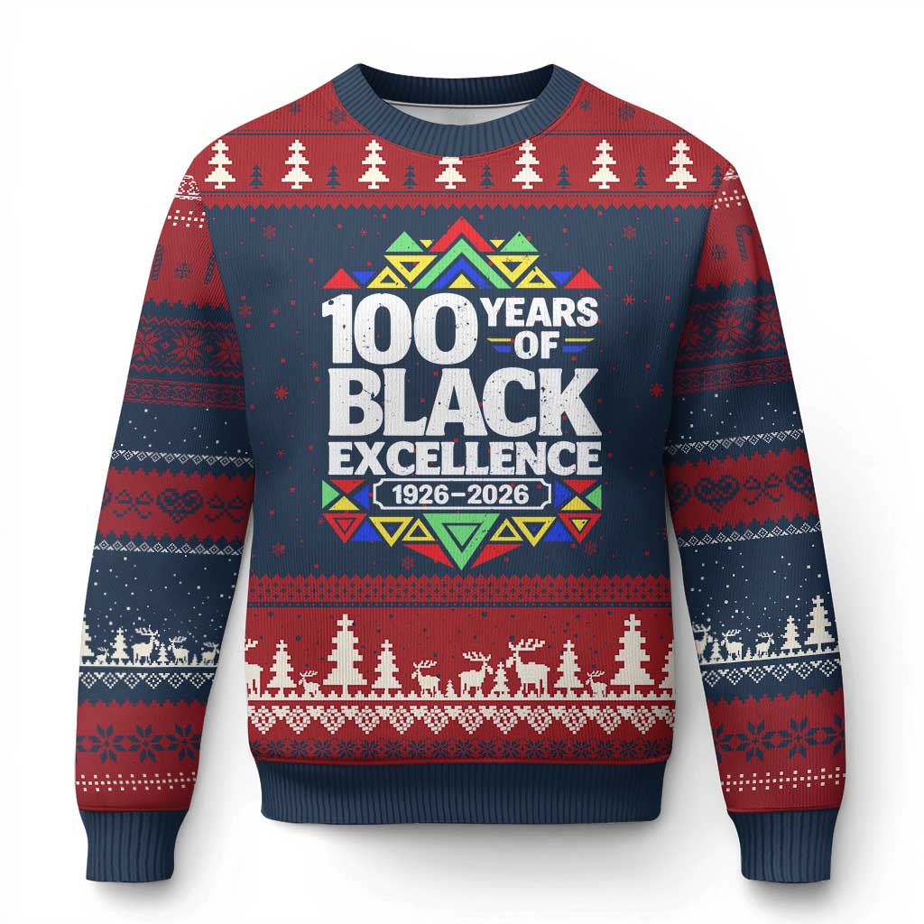 100 Years of Black Excellence 1926 2026 Ugly Christmas Sweater African Tribal Pattern Heritage Celebrating Black History TS02 Navy Red Print Your Wear