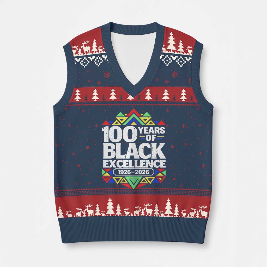 100 Years of Black Excellence 1926 2026 V-Neck Knit Sweater Vest African Tribal Pattern Heritage Celebrating Black History TS02 Navy Red Print Your Wear