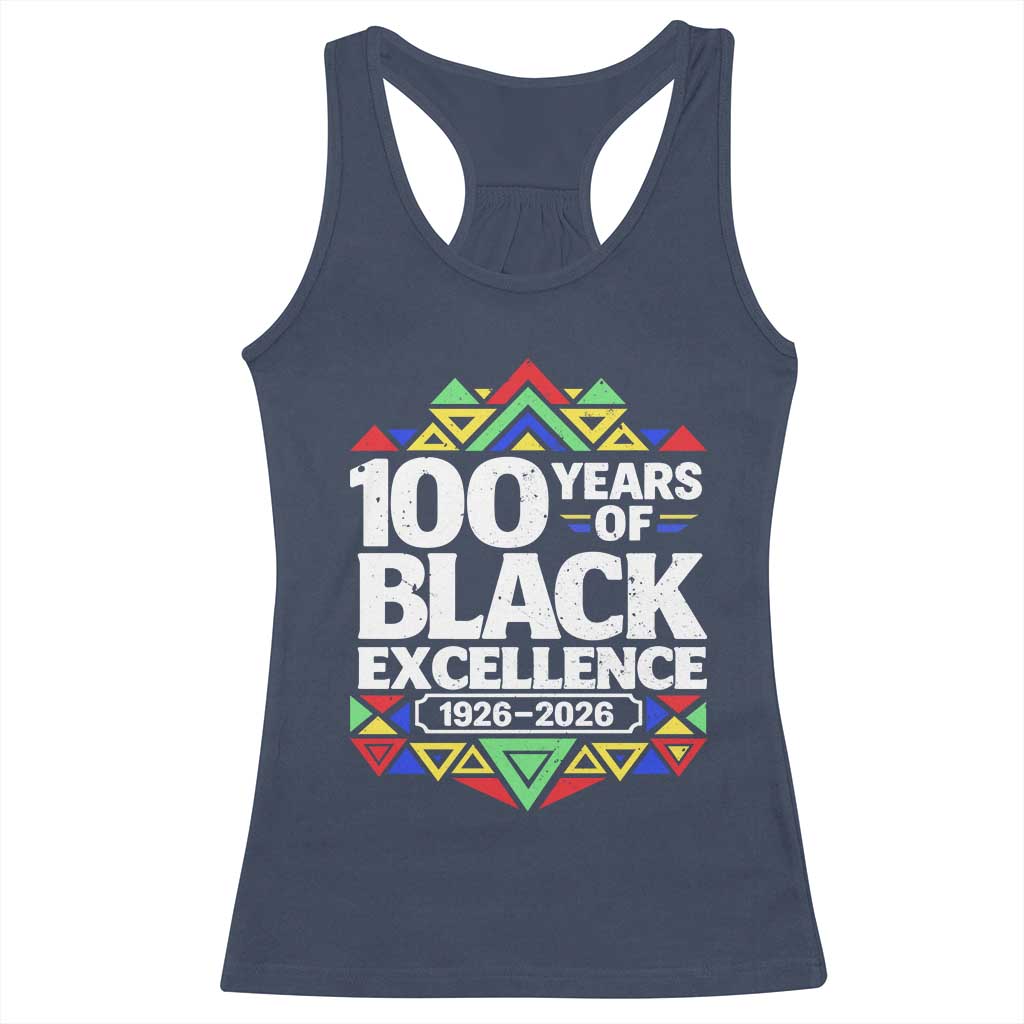 100 Years of Black Excellence 1926 2026 Racerback Tank Top African Tribal Pattern Heritage Celebrating Black History TS02 Navy Print Your Wear