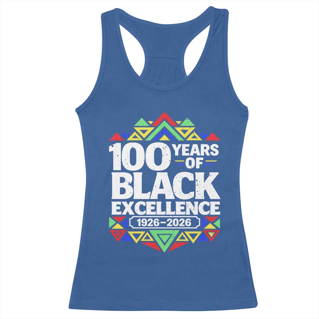 100 Years of Black Excellence 1926 2026 Racerback Tank Top African Tribal Pattern Heritage Celebrating Black History TS02 Royal Blue Print Your Wear