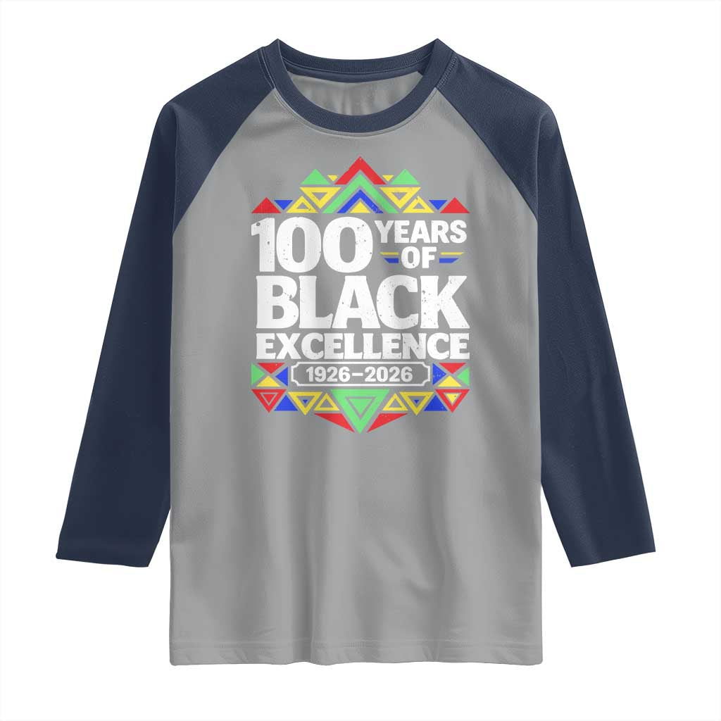 100 Years of Black Excellence 1926 2026 Raglan Shirt African Tribal Pattern Heritage Celebrating Black History TS02 Sport Gray Navy Print Your Wear