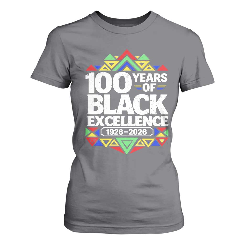 100 Years of Black Excellence 1926 2026 T Shirt For Women African Tribal Pattern Heritage Celebrating Black History TS02 Charcoal Print Your Wear