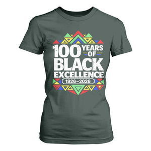 100 Years of Black Excellence 1926 2026 T Shirt For Women African Tribal Pattern Heritage Celebrating Black History TS02 Dark Forest Green Print Your Wear