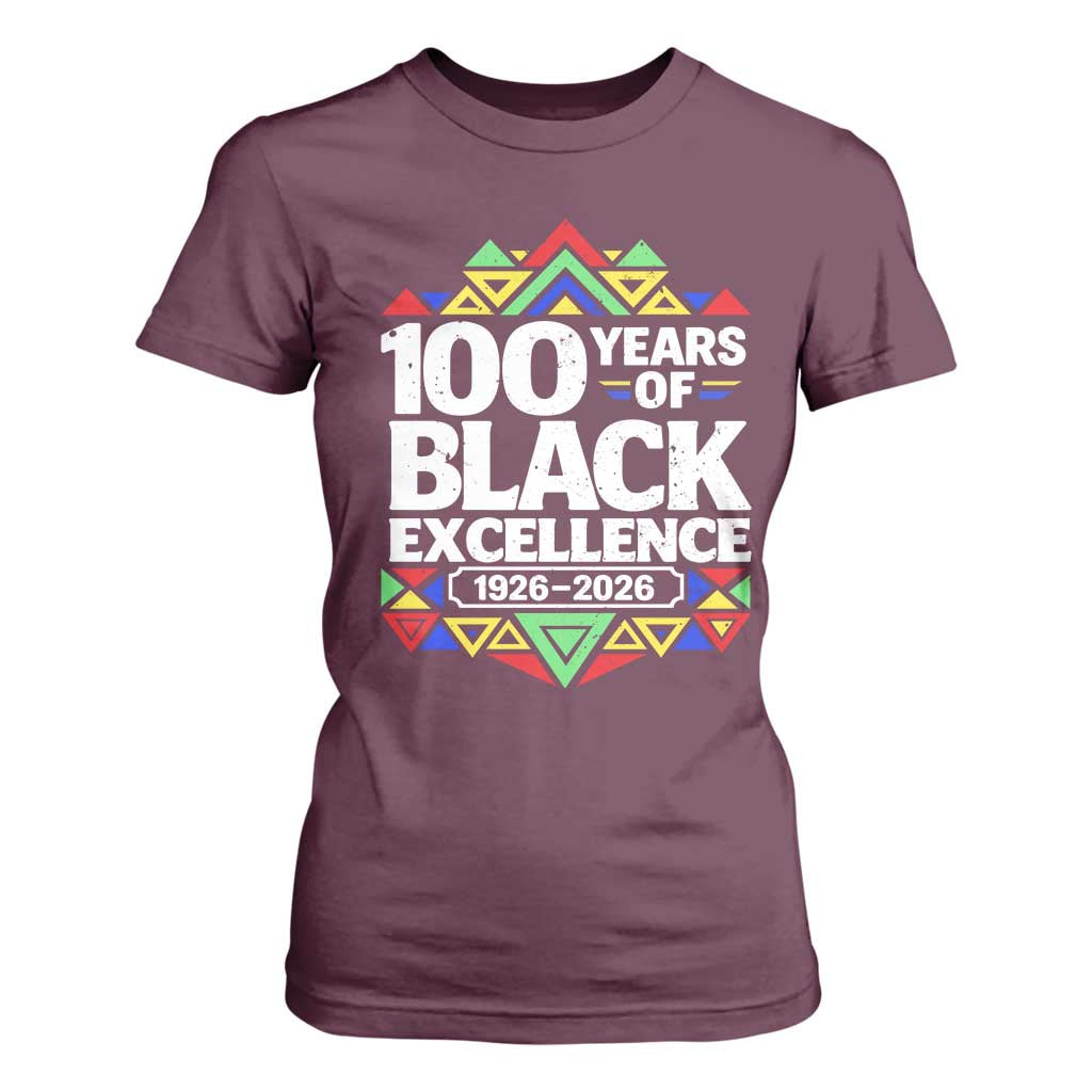 100 Years of Black Excellence 1926 2026 T Shirt For Women African Tribal Pattern Heritage Celebrating Black History TS02 Maroon Print Your Wear