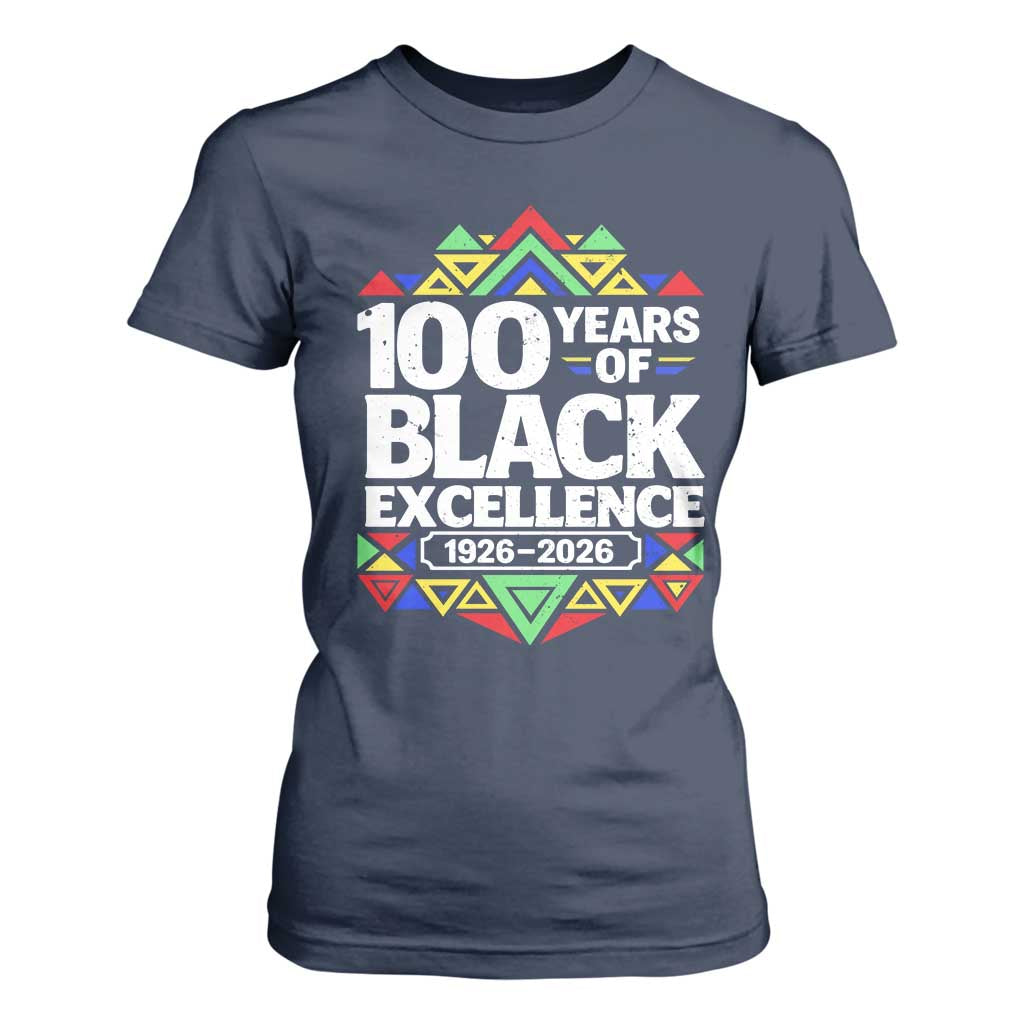 100 Years of Black Excellence 1926 2026 T Shirt For Women African Tribal Pattern Heritage Celebrating Black History TS02 Navy Print Your Wear