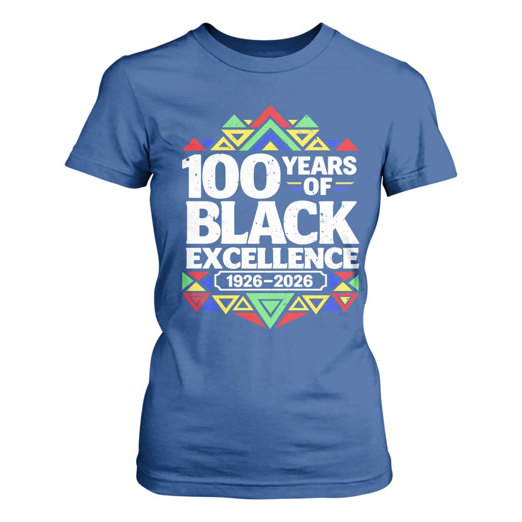 100 Years of Black Excellence 1926 2026 T Shirt For Women African Tribal Pattern Heritage Celebrating Black History TS02 Royal Blue Print Your Wear
