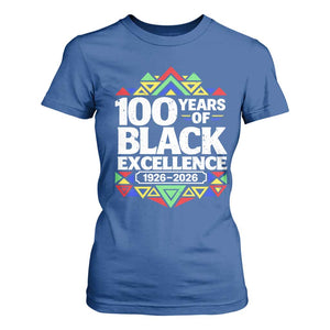 100 Years of Black Excellence 1926 2026 T Shirt For Women African Tribal Pattern Heritage Celebrating Black History TS02 Royal Blue Print Your Wear