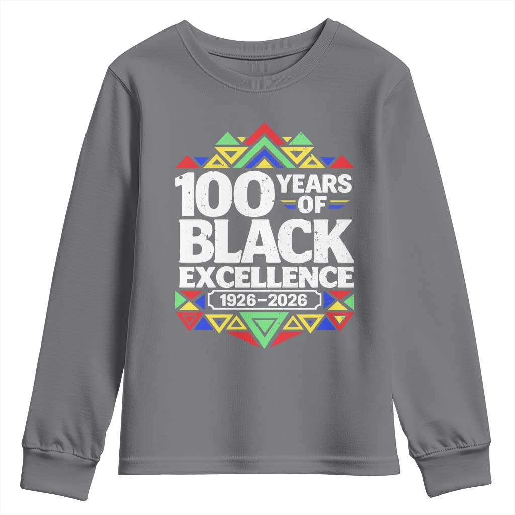 100 Years of Black Excellence 1926 2026 Youth Sweatshirt African Tribal Pattern Heritage Celebrating Black History TS02 Charcoal Print Your Wear