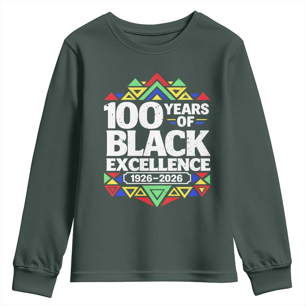 100 Years of Black Excellence 1926 2026 Youth Sweatshirt African Tribal Pattern Heritage Celebrating Black History TS02 Dark Forest Green Print Your Wear