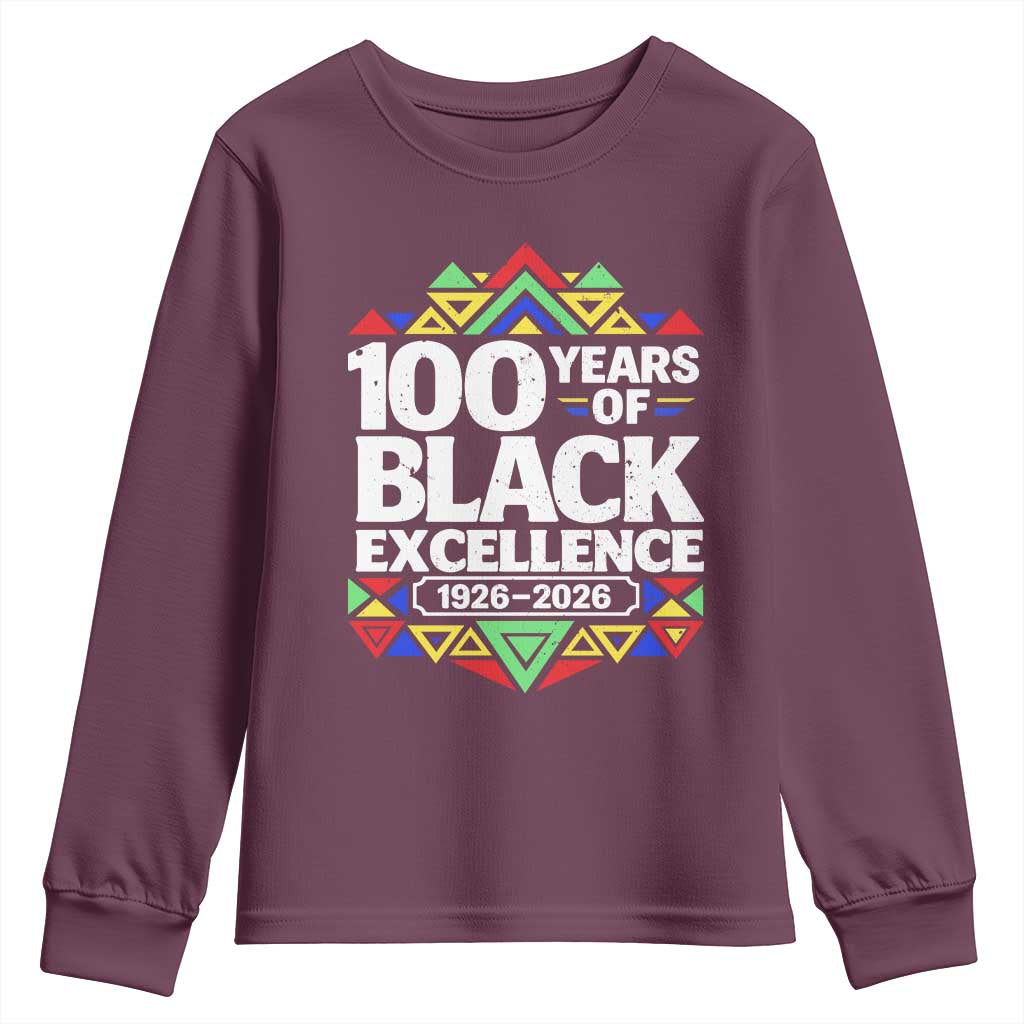 100 Years of Black Excellence 1926 2026 Youth Sweatshirt African Tribal Pattern Heritage Celebrating Black History TS02 Maroon Print Your Wear