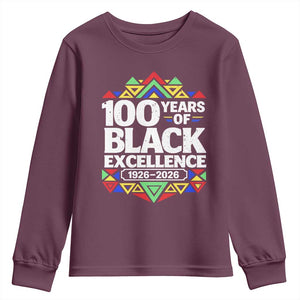 100 Years of Black Excellence 1926 2026 Youth Sweatshirt African Tribal Pattern Heritage Celebrating Black History TS02 Maroon Print Your Wear