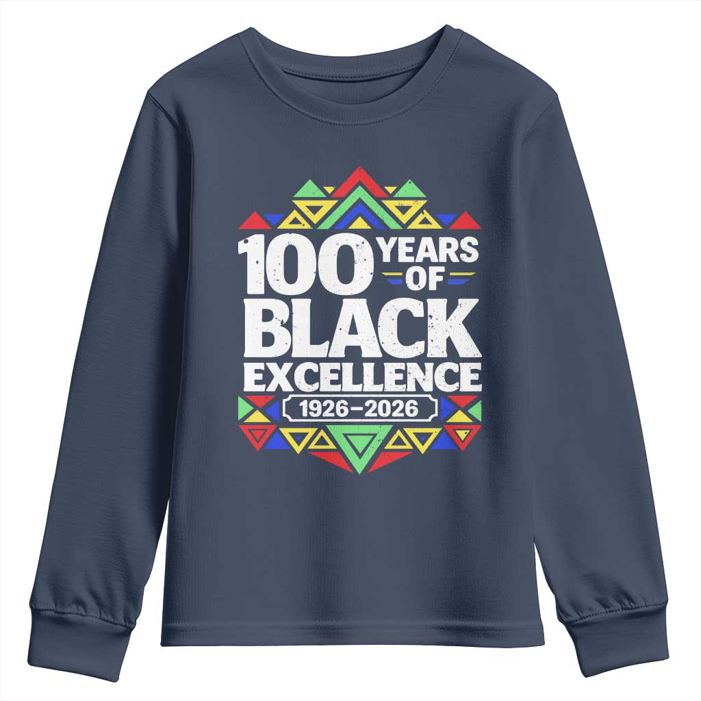 100 Years of Black Excellence 1926 2026 Youth Sweatshirt African Tribal Pattern Heritage Celebrating Black History TS02 Navy Print Your Wear