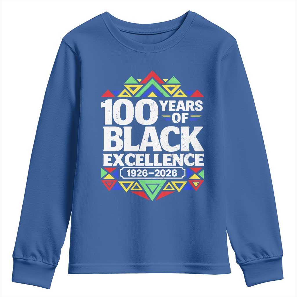 100 Years of Black Excellence 1926 2026 Youth Sweatshirt African Tribal Pattern Heritage Celebrating Black History TS02 Royal Blue Print Your Wear