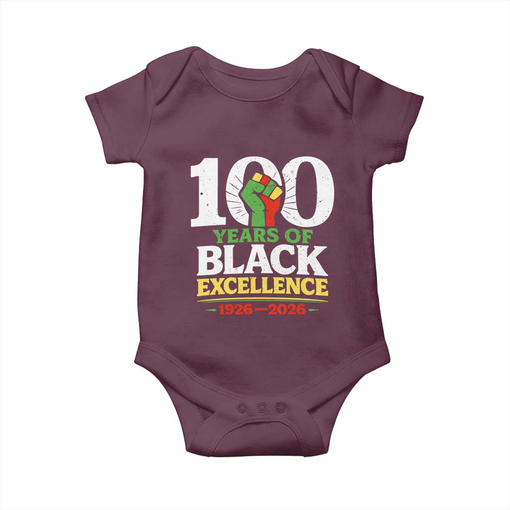 100 Years of Black Excellence 1926 2026 Baby Onesie Pan-African Raised Fist Pride Honoring Black History Legacy TS02 Maroon Print Your Wear