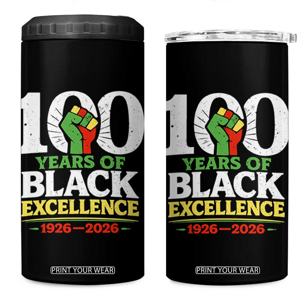 100 Years of Black Excellence 1926 2026 4 in 1 Can Cooler Tumbler Pan-African Raised Fist Pride Honoring Black History Legacy TS02 One Size: 16 oz Black Print Your Wear
