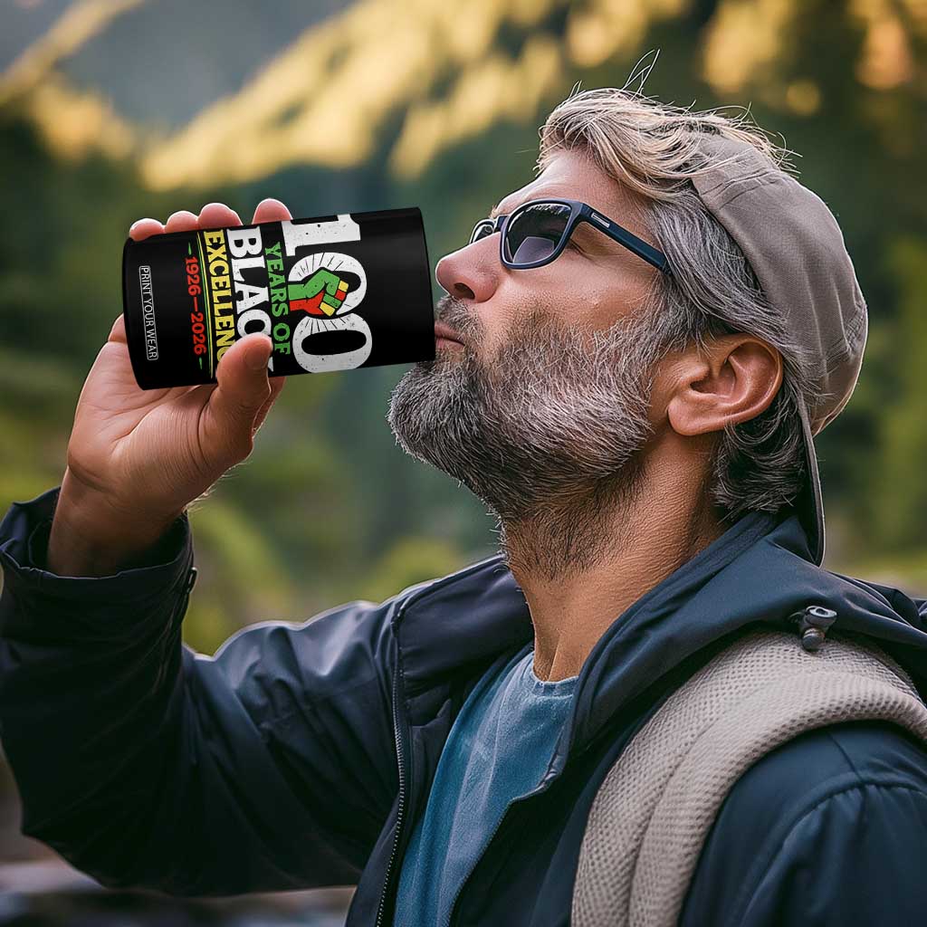 100 Years of Black Excellence 1926 2026 4 in 1 Can Cooler Tumbler Pan-African Raised Fist Pride Honoring Black History Legacy TS02 Print Your Wear