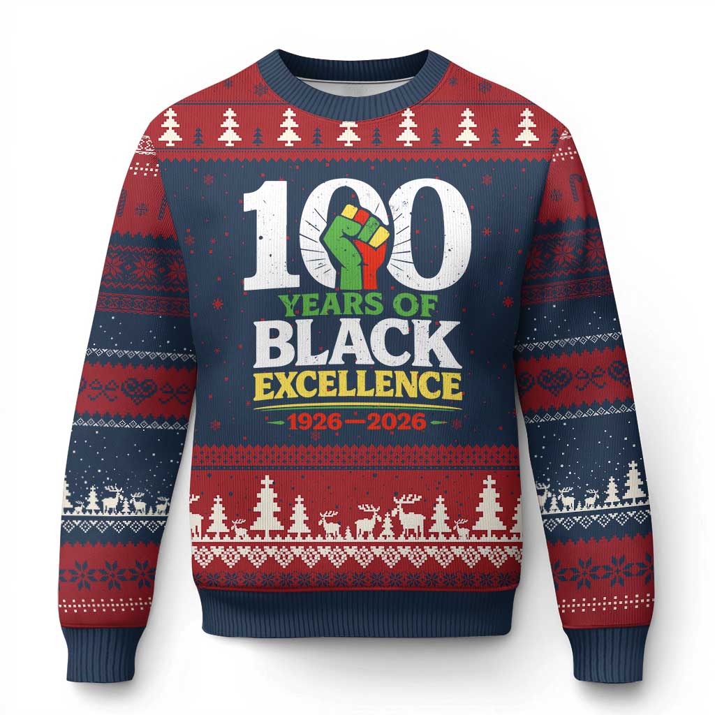 100 Years of Black Excellence 1926 2026 Ugly Christmas Sweater Pan-African Raised Fist Pride Honoring Black History Legacy TS02 Navy Red Print Your Wear