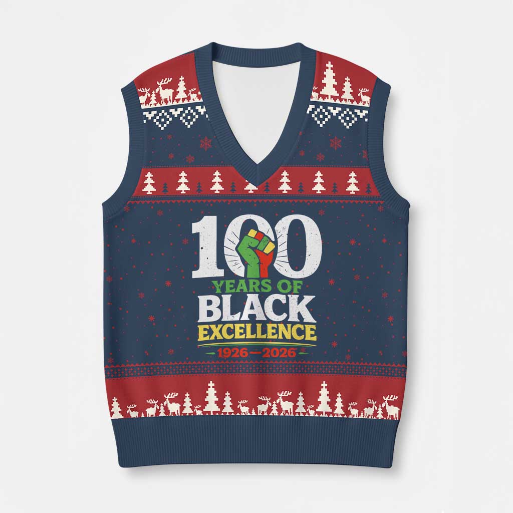 100 Years of Black Excellence 1926 2026 V-Neck Knit Sweater Vest Pan-African Raised Fist Pride Honoring Black History Legacy TS02 Navy Red Print Your Wear