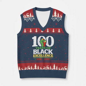 100 Years of Black Excellence 1926 2026 V-Neck Knit Sweater Vest Pan-African Raised Fist Pride Honoring Black History Legacy TS02 Navy Red Print Your Wear