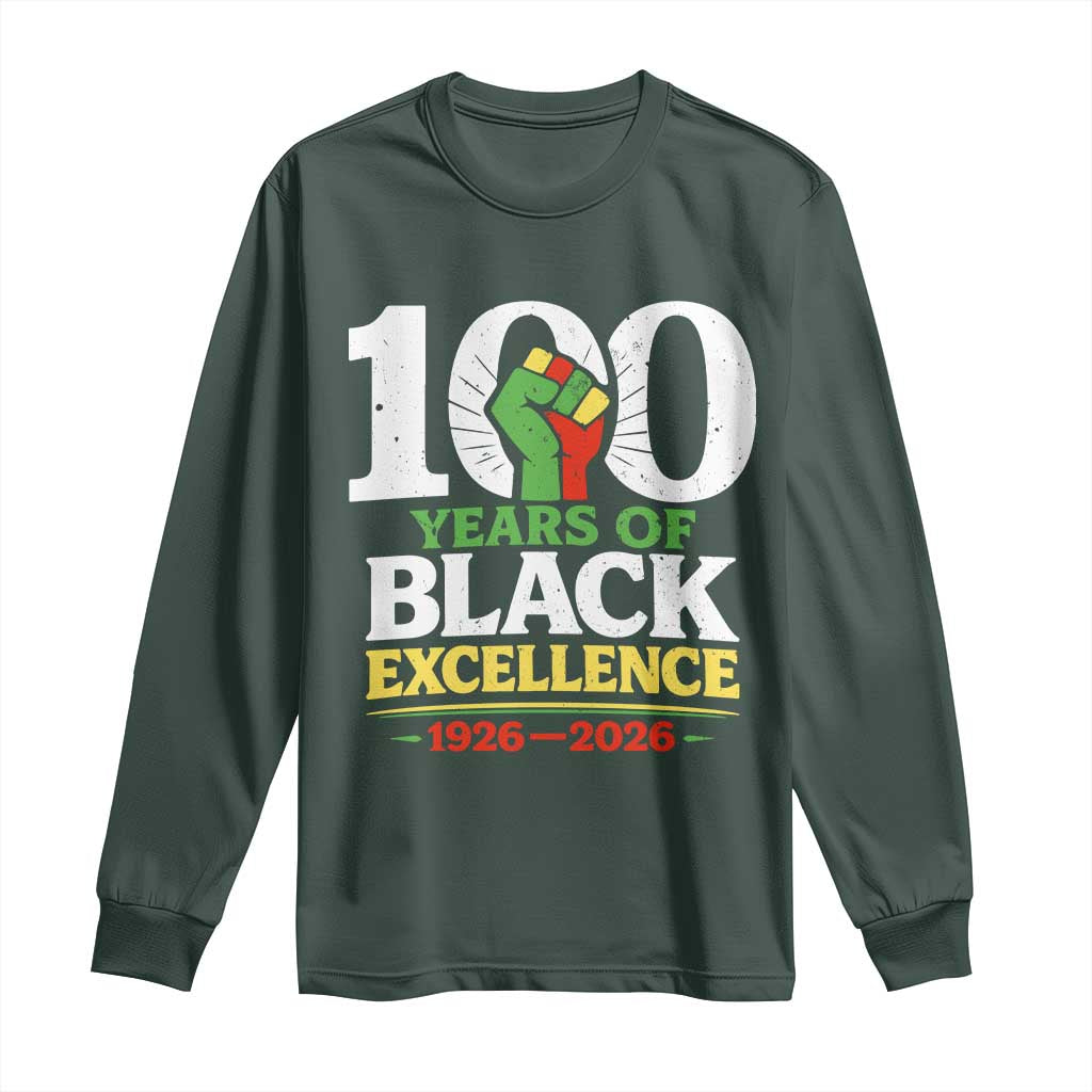 100 Years of Black Excellence 1926 2026 Long Sleeve Shirt Pan-African Raised Fist Pride Honoring Black History Legacy TS02 Dark Forest Green Print Your Wear