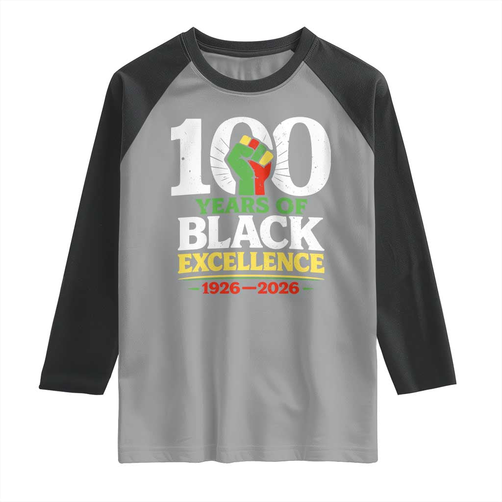 100 Years of Black Excellence 1926 2026 Raglan Shirt Pan-African Raised Fist Pride Honoring Black History Legacy TS02 Sport Gray Black Print Your Wear