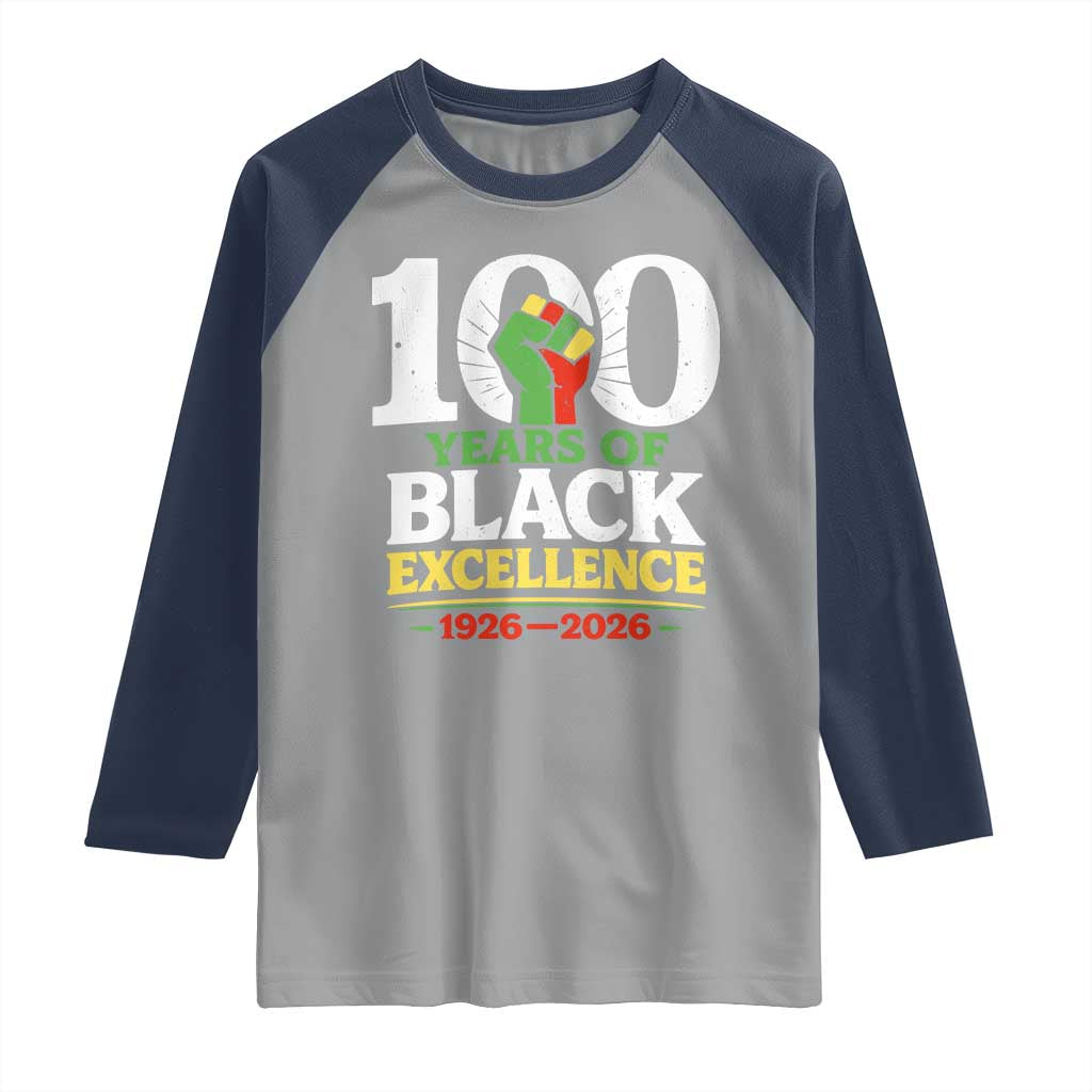 100 Years of Black Excellence 1926 2026 Raglan Shirt Pan-African Raised Fist Pride Honoring Black History Legacy TS02 Sport Gray Navy Print Your Wear