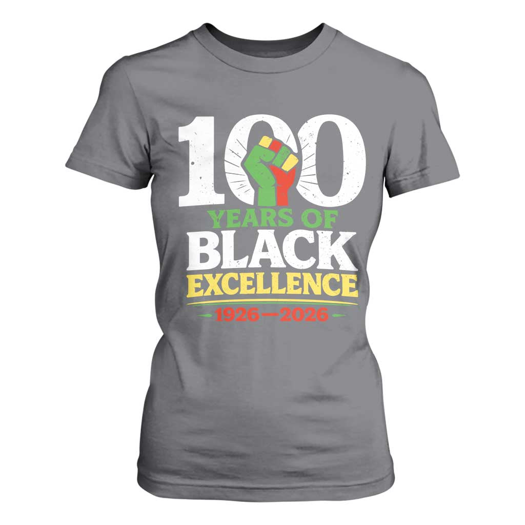 100 Years of Black Excellence 1926 2026 T Shirt For Women Pan-African Raised Fist Pride Honoring Black History Legacy TS02 Charcoal Print Your Wear
