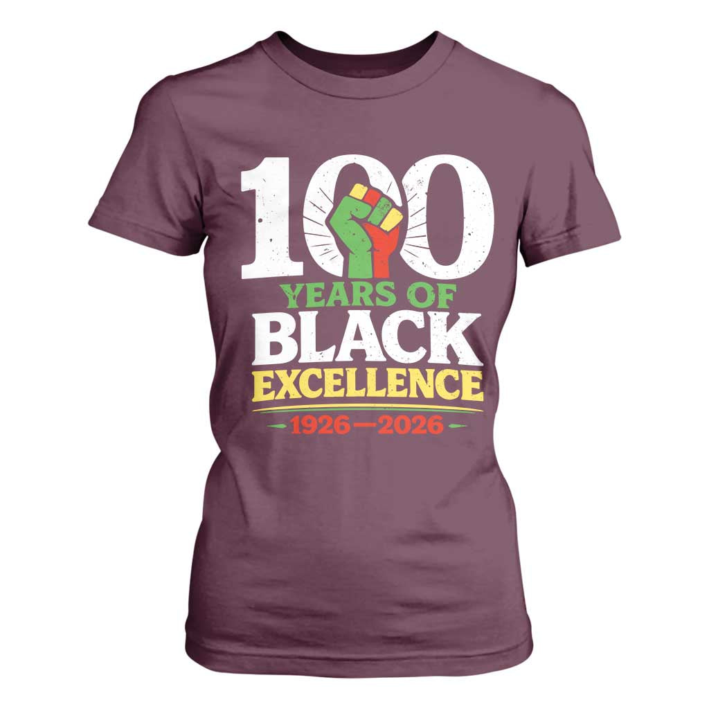 100 Years of Black Excellence 1926 2026 T Shirt For Women Pan-African Raised Fist Pride Honoring Black History Legacy TS02 Maroon Print Your Wear