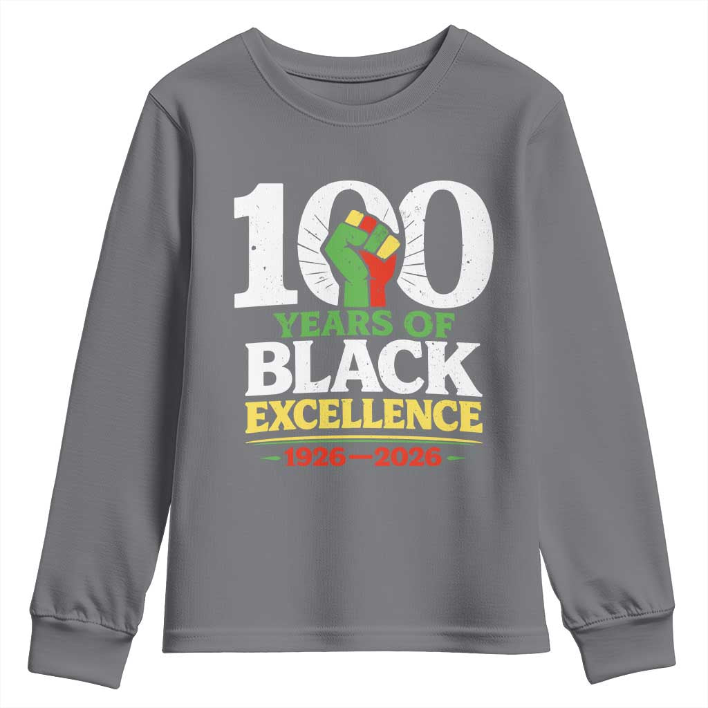 100 Years of Black Excellence 1926 2026 Youth Sweatshirt Pan-African Raised Fist Pride Honoring Black History Legacy TS02 Charcoal Print Your Wear