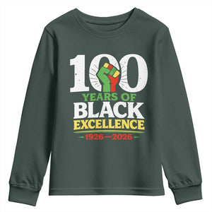 100 Years of Black Excellence 1926 2026 Youth Sweatshirt Pan-African Raised Fist Pride Honoring Black History Legacy TS02 Dark Forest Green Print Your Wear
