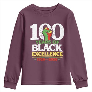 100 Years of Black Excellence 1926 2026 Youth Sweatshirt Pan-African Raised Fist Pride Honoring Black History Legacy TS02 Maroon Print Your Wear