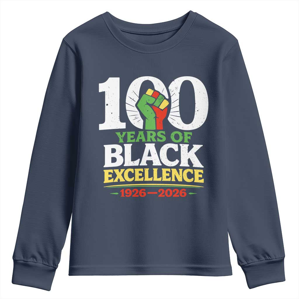 100 Years of Black Excellence 1926 2026 Youth Sweatshirt Pan-African Raised Fist Pride Honoring Black History Legacy TS02 Navy Print Your Wear