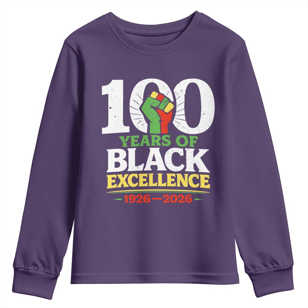 100 Years of Black Excellence 1926 2026 Youth Sweatshirt Pan-African Raised Fist Pride Honoring Black History Legacy TS02 Purple Print Your Wear