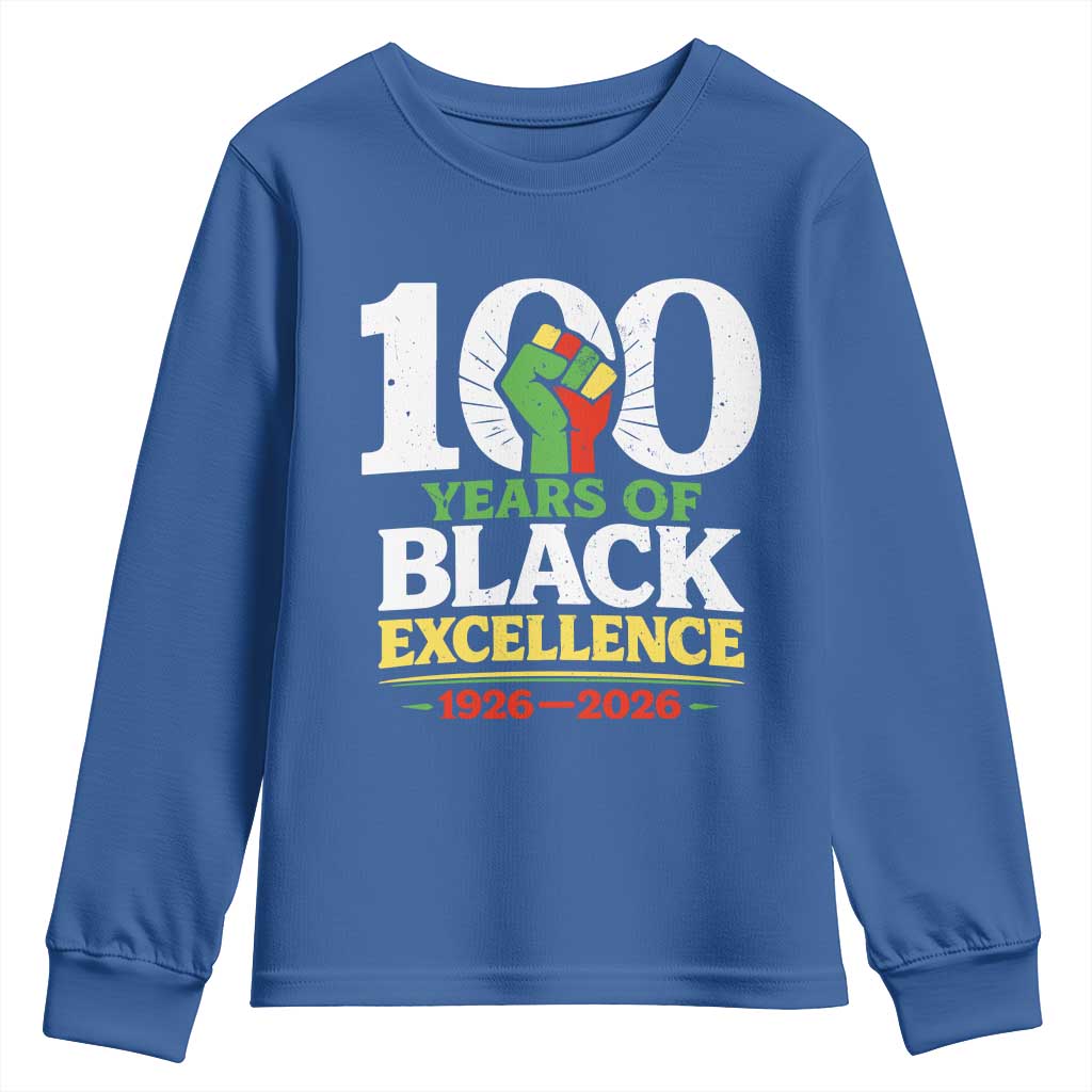 100 Years of Black Excellence 1926 2026 Youth Sweatshirt Pan-African Raised Fist Pride Honoring Black History Legacy TS02 Royal Blue Print Your Wear