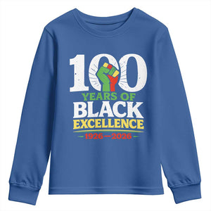 100 Years of Black Excellence 1926 2026 Youth Sweatshirt Pan-African Raised Fist Pride Honoring Black History Legacy TS02 Royal Blue Print Your Wear