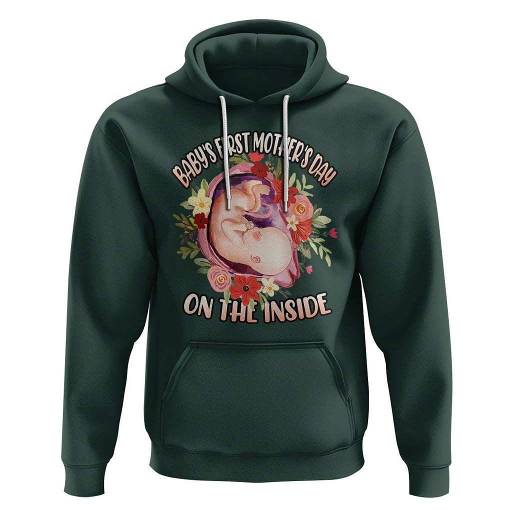 Pregnancy Announcement Hoodie Baby's First Mother's Day On The Inside Pregnant New Mom TS02 Dark Forest Green Printyourwear