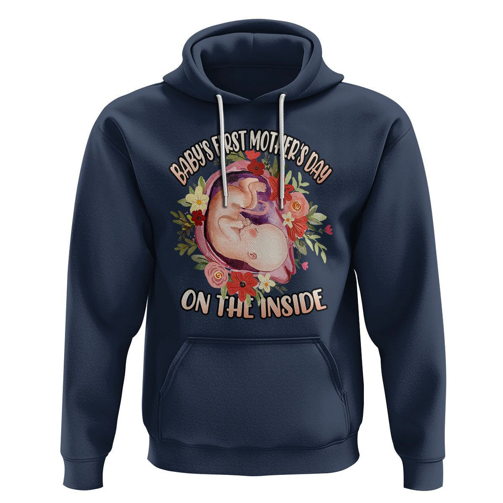 Pregnancy Announcement Hoodie Baby's First Mother's Day On The Inside Pregnant New Mom TS02 Navy Printyourwear