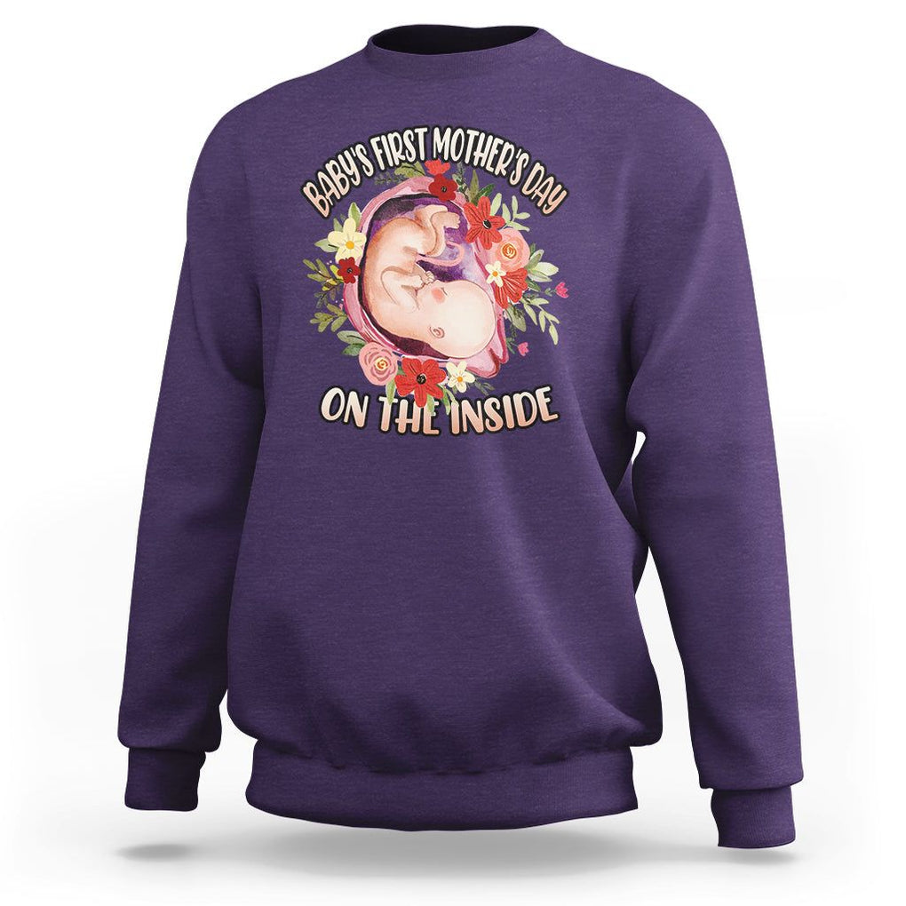 Pregnancy Announcement Sweatshirt Baby's First Mother's Day On The Inside Pregnant New Mom TS02 Purple Printyourwear