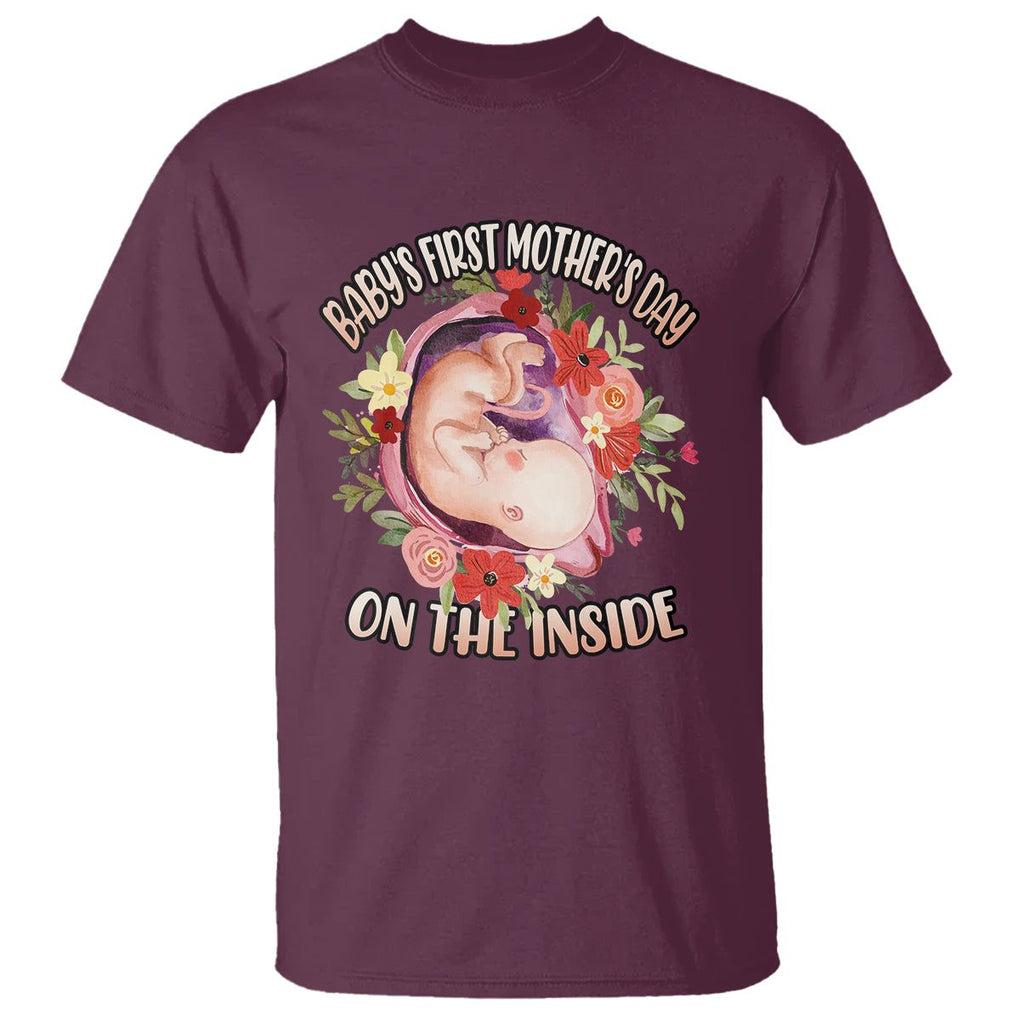 Pregnancy Announcement T Shirt Baby's First Mother's Day On The Inside Pregnant New Mom TS02 Maroon Printyourwear