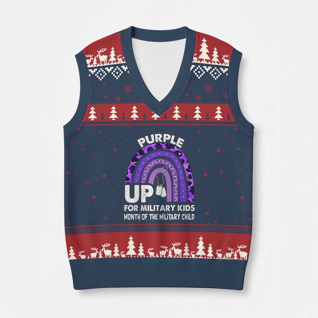 Purple Up For Military Kids V-Neck Knit Sweater Vest Military Child Month Dog Tags Purple Ribbon Rainbow TS02 Navy Red Print Your Wear