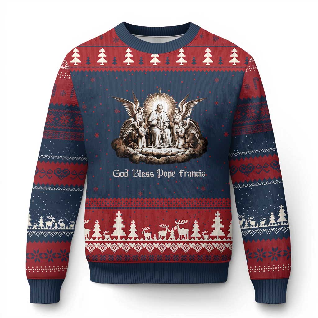 God Bless Pope Francis Ugly Christmas Sweater Memorial Angel Catholic Faith & Unity TS02 Navy Red Print Your Wear