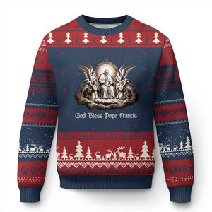 God Bless Pope Francis Ugly Christmas Sweater Memorial Angel Catholic Faith & Unity TS02 Navy Red Print Your Wear